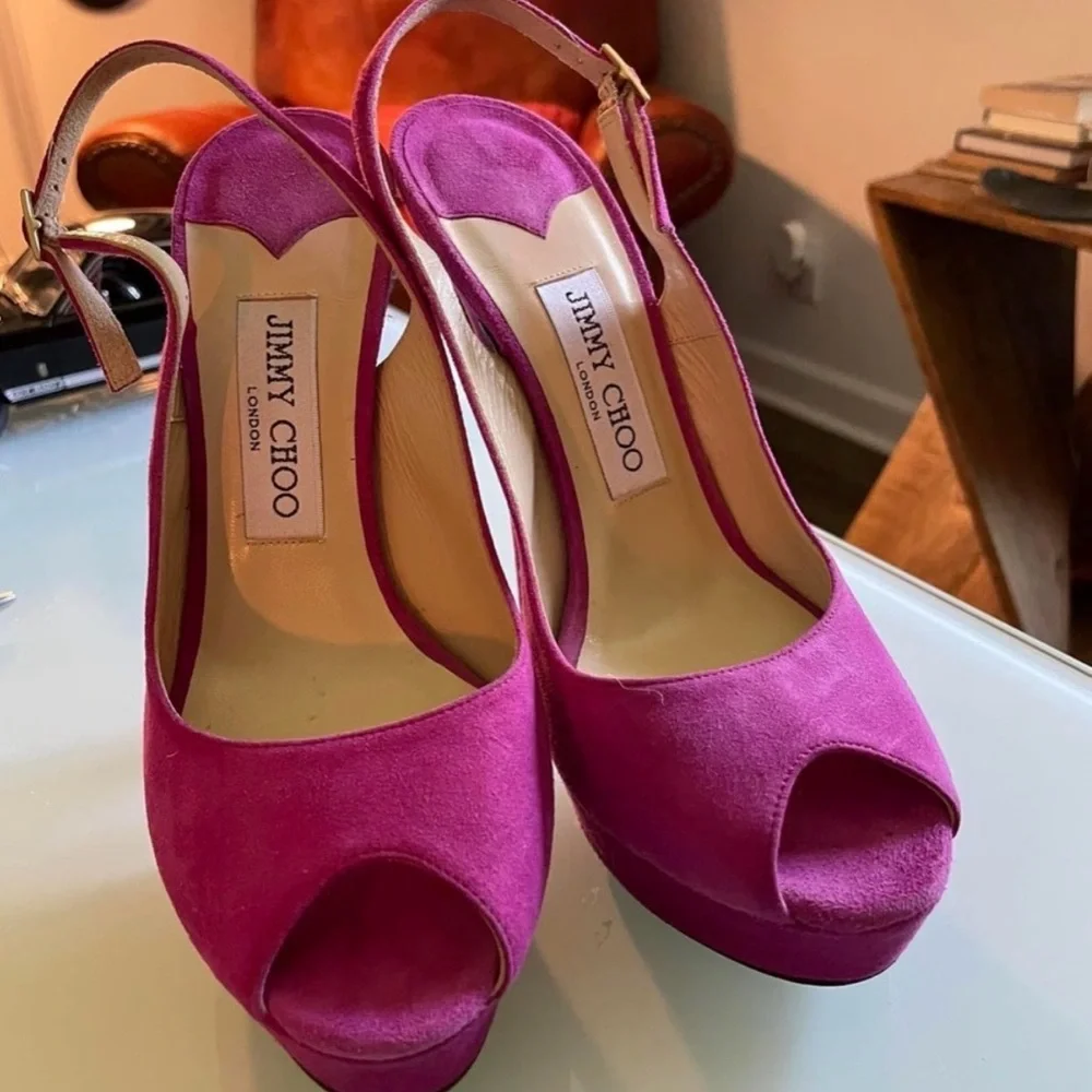 Jimmy Choo Fuchsia Suede Peep-Toe Heels - Picture 1 of 5